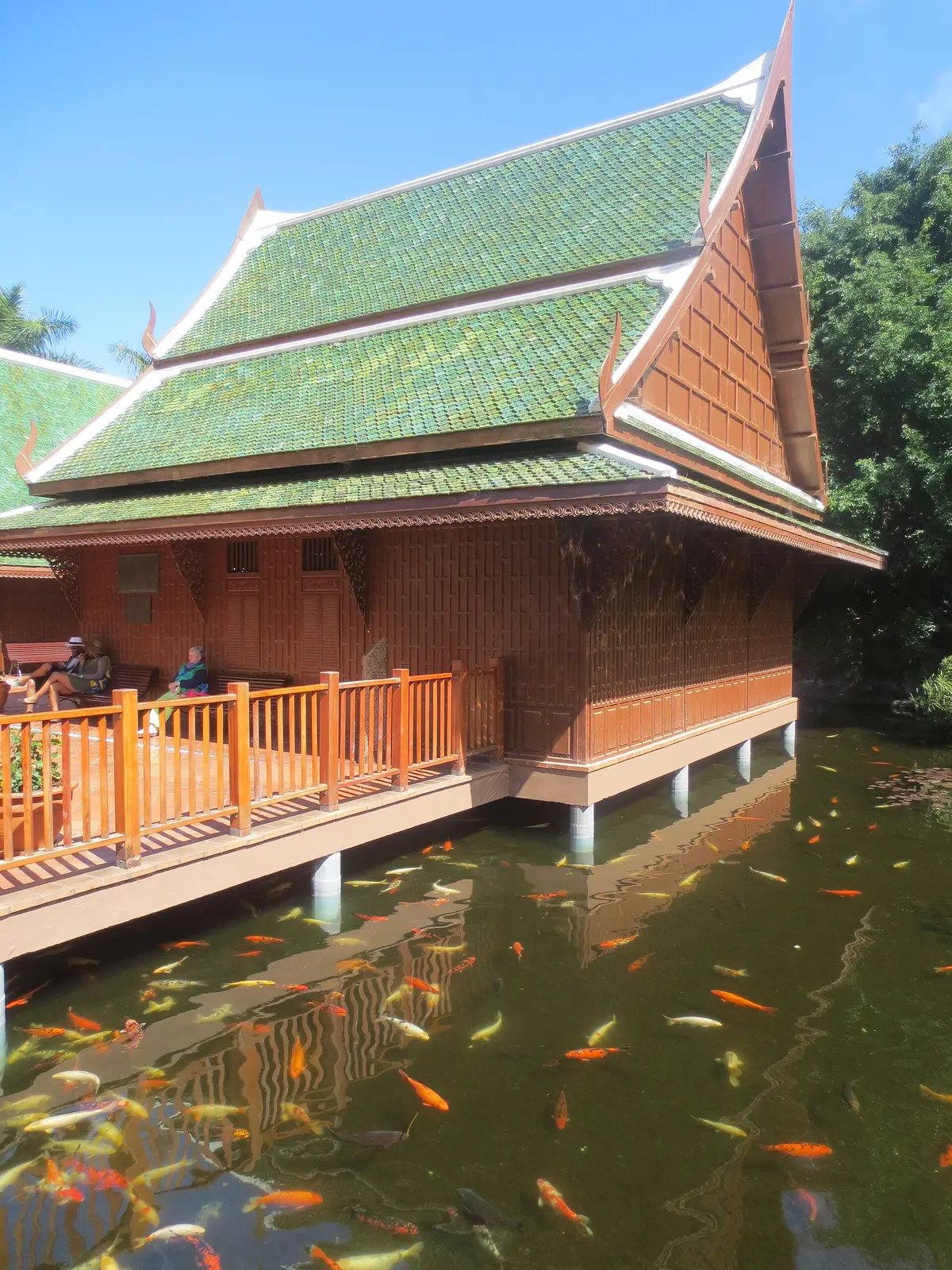 Entrance pond and tropical landscaping at Loro Parque in Tenerife