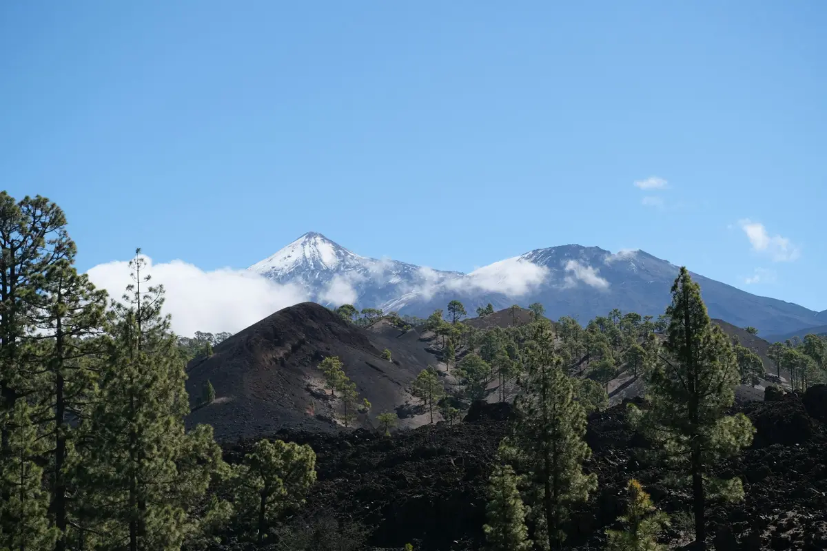 Snow-capped Mount Teide above dark volcanic terrain