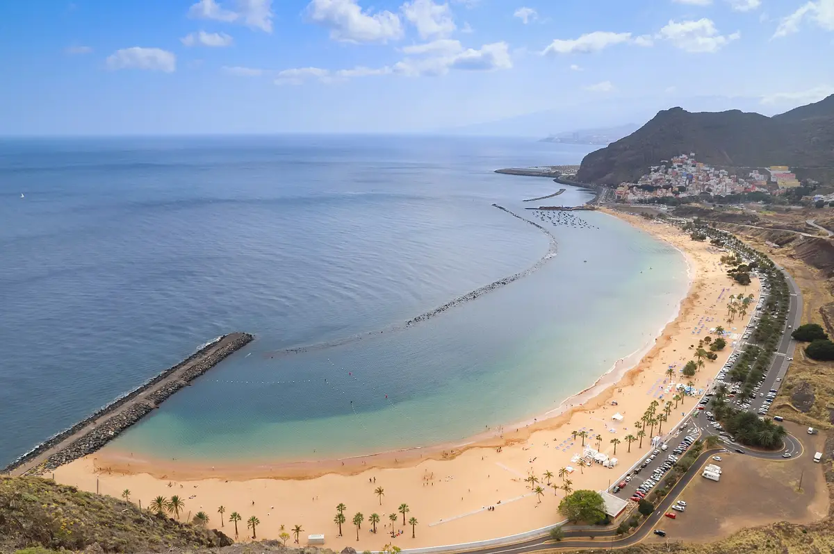 Aerial view of Playa de las Teresitas and the Atlantic coast of Tenerife